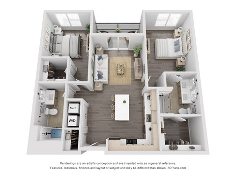 Floor plan for 2 beds, 2 baths, 1109 sqft